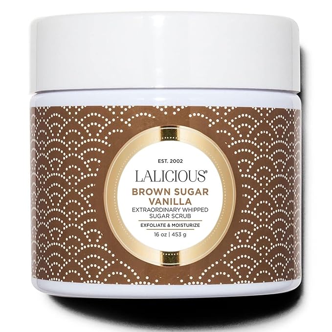 LALICIOUS Brown Sugar Vanilla Exfoliating & Moisturizing Body Scrub | Coconut Oil | Pre-Shave Scrub for Ingrown Hairs & Razor Bumps | Gently Buffs & Smooths Sensitive Skin | No Parabens Large 16oz