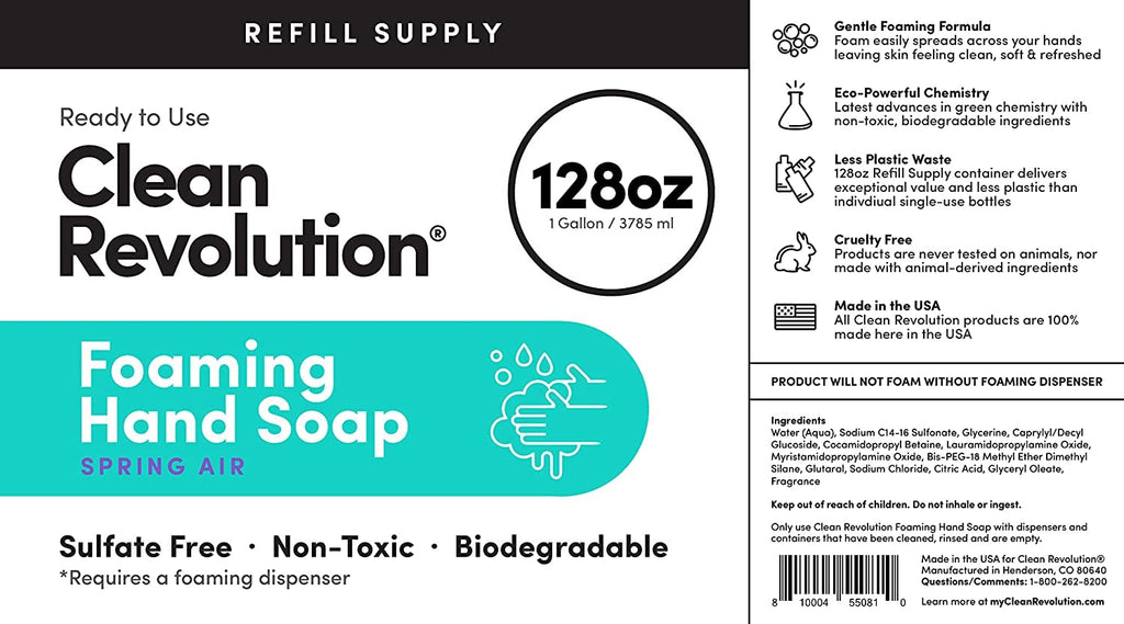 Clean Revolution Foaming Hand Soap Refill with Real Essential Oils, Moisturizing Sulfate-Free Hand Soap, Ready-to-Use Foam Soap Refill for Kitchen & Bathroom (Spring Air, 128oz)