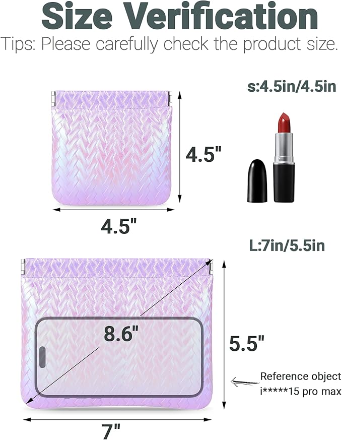MXXUUOOM 2 Pack Small Makeup Bag for Purse Leather Cosmetic Pouch Organizer, Snap Closure Holographic Woven Makeup Bag, Mini Lipstick Coin Pouch, Travel Makeup Organizer for Women purple