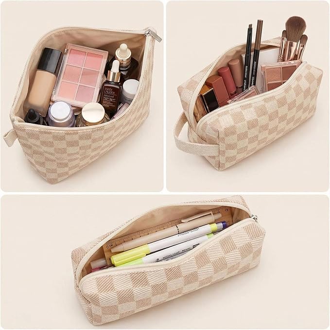 Beayuva 3 Pcs Canvas Makeup Bag Set Checkered Cosmetic Pouch for Women Travel Toiletry Bag Cute Makeup Organizer Purse Pouch Preppy Pencil Case with Zipper (Checkered Khaki)