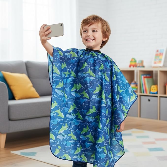 Hair Cutting Cape Kids, Adjustable Snap Barber Hair Cutting Cape Kids with Cute Shark Print, Full Coverage Barber Capes For Kid for Home Haircutting and Professional Salon