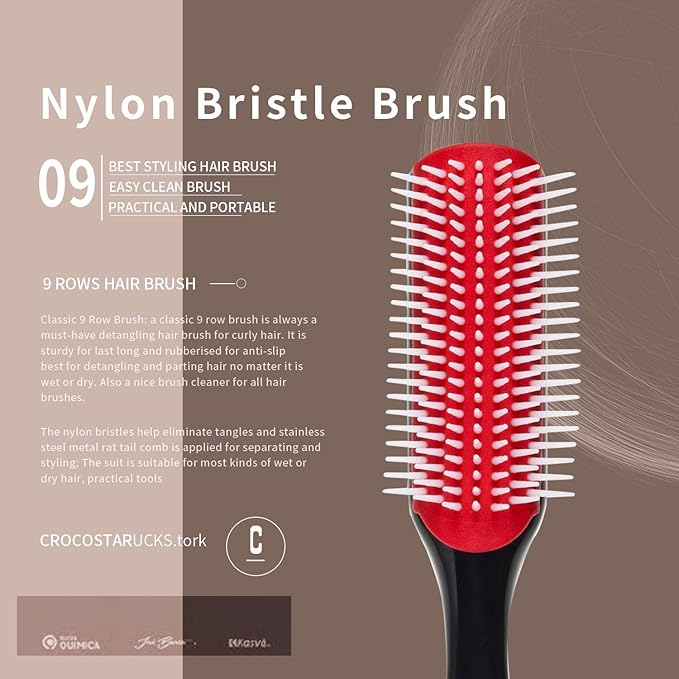 5 Pcs Detangling Brush Set - Cushion Nylon Bristles, Dual Edge, Teasing, and Styling Comb (Pink)