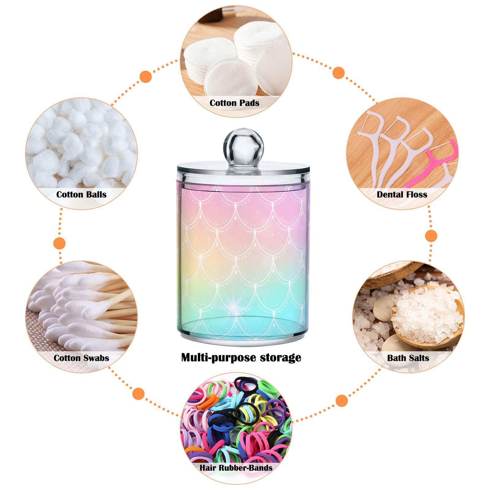 2 Pack Qtip Holder Dispenser for Cotton Ball Rainbow Scales Mermaid Cotton Swab Cotton Round Pads Clear Plastic Acrylic Jar Set Bathroom Canister