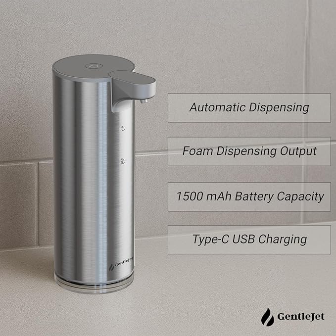 GentleJet EasyFoam Automatic Foaming Soap Dispenser, Touchless USB-C Rechargeable Sensor Pump, 304 Stainless Steel, Adjustable Foam, IPX5 Water-Resistant for Bathroom & Kitchen, 10 fl oz / 300 mL
