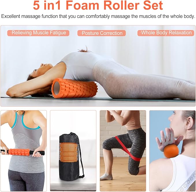 Aucuu 6 in 1 Foam Roller Set Includes Hollow Core Massage Roller, Yoga Stick, Massage Ball, Fitness Stretching Strap, Carrying Bag, Towel, Massage Roller (Orange)