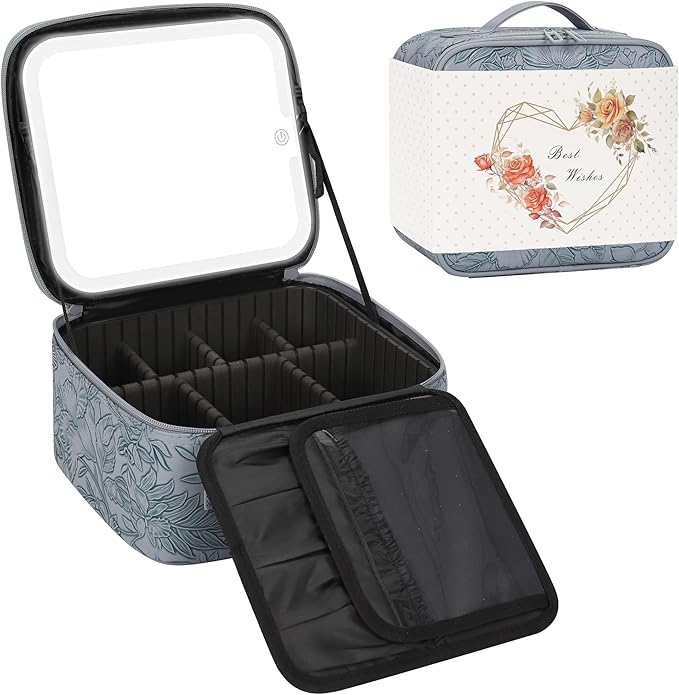 Relavel Travel Makeup Bag With LED Mirror for Women, Cosmetic Organizer Bag with Adjustable Brightness in 3 Color Scenarios, Detachable Dividers, Waterproof Train Case for Daily - Dark Blue FLower