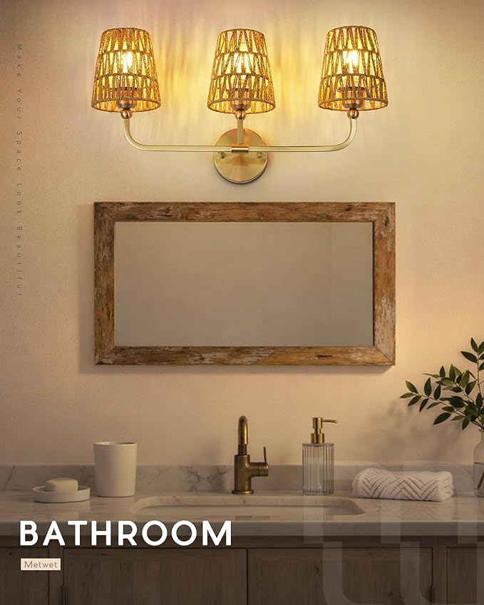 3-Light Bathroom Light Fixtures, Brushed Gold Rattan Vanity Lights with Flared Handwoven Shade, Boho Wall Sconce, Farmhouse Sconces Wall Lighting for Hallway Bedroom, VL837-BG-RA-3