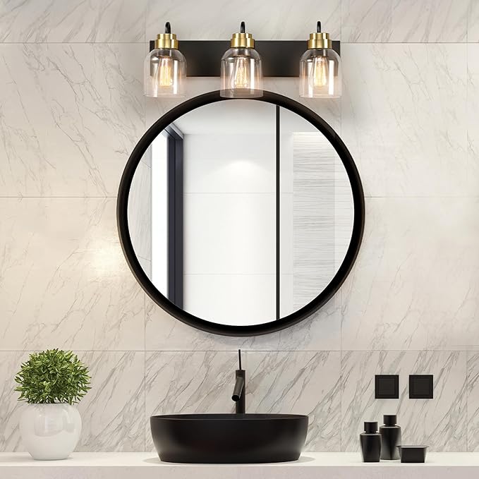 Globe Electric 22" 3-Light Matte Black Vanity Light with Matte Brass Accents and Glass Shades