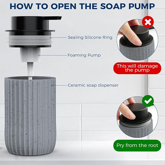 POSOSTO Ceramic Foaming Hand Soap Dispenser，12 oz Bathroom Soap Dispensers， Lotion Dispenser for Kitchen, Refillable Matte Streaks Soap Dispenser with Large Pump (Gray)