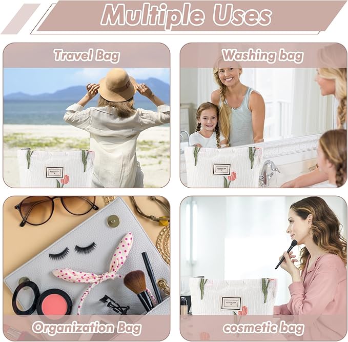 URSKYTOUS Tulip Makeup Bag Travel Cute Floral Cosmetic Bags for Women Large Embroidery Makeup Pouch Zipper Cosmetic Pouch for Purse Aesthetic Make up Organizer Bag Portable Toiletry Bag