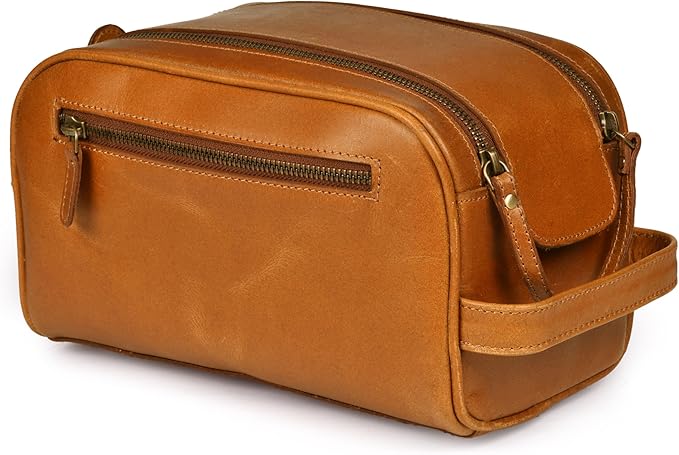 Premium Leather King Size Toiletry Travel Pouch – Handcrafted Dopp Kit Bag with Waterproof Lining, Spacious Design for Travel Essentials, Elegant Tan Finish
