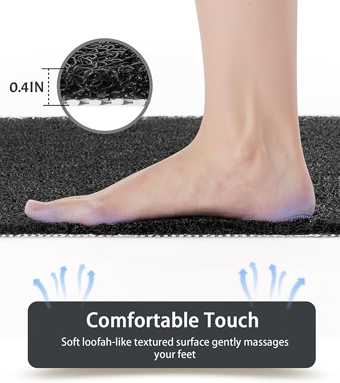 Mecko Square Non-Slip Shower Mats for Inside Shower, Quick-Drying Shower Floor Mat with Foot Scrubber, Anti-Slip Loofah Bathtub Mat for Tub and Wet Areas (Black, 24"x24")