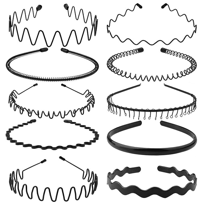 Metal Hair Band, Metal Fashion Hair Bands, Unisex Black Headbands, Wavy Headband Perfect for Outdoor Sports and Daily Use (10 Pack)