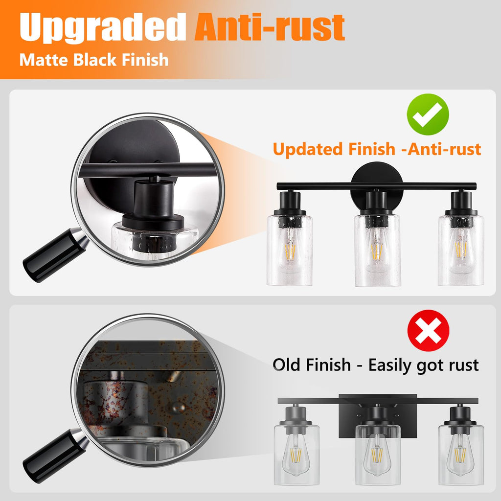 DLLT 3-Light Bathroom Light Fixtures: Black Modern Vanity Lights with 3 E26 Bulbs - Bubbled Glass Shade Bathroom Wall Lamp for Mirror Kitchen Living Room Hallway Cabinet Porch