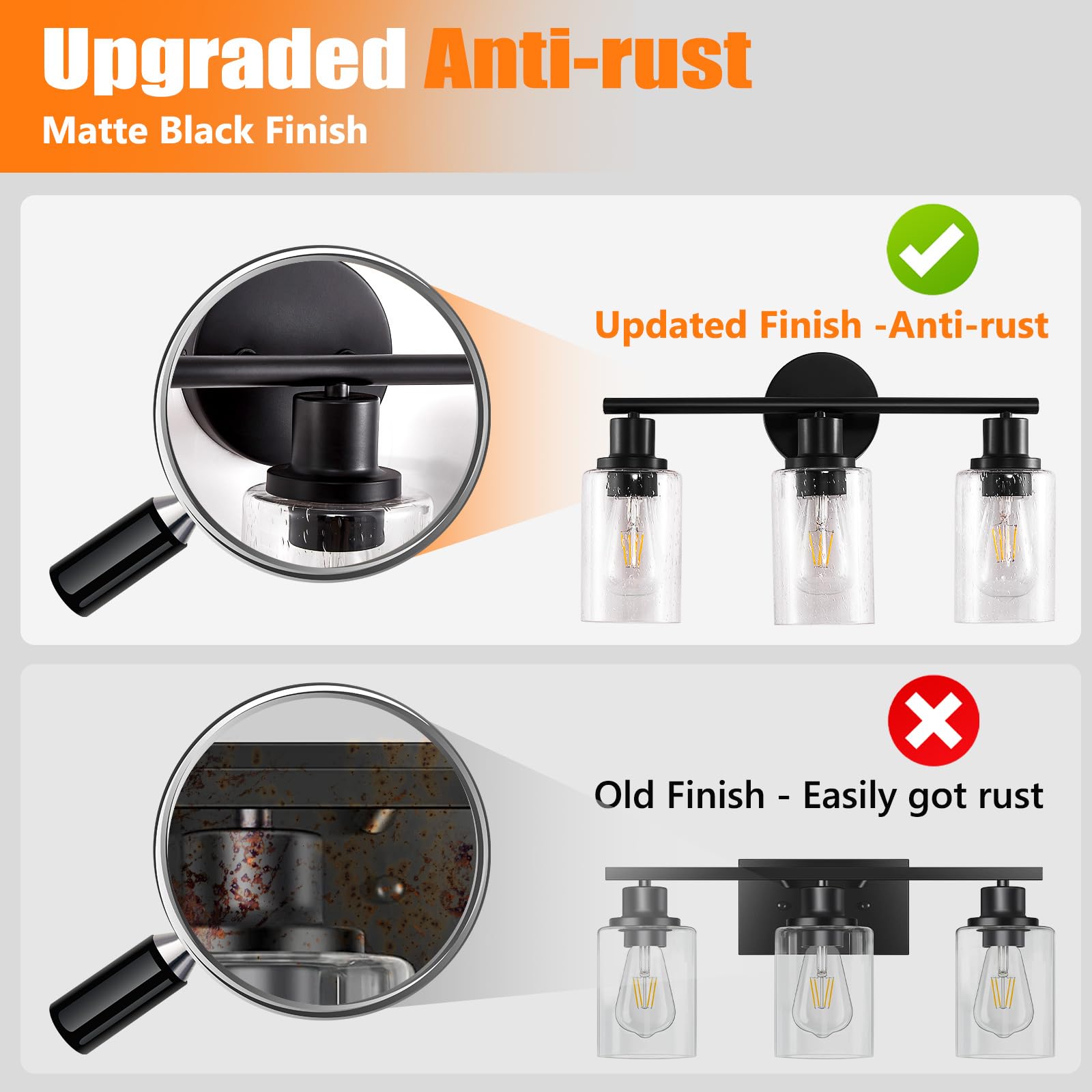 DLLT 3-Light Bathroom Light Fixtures: Black Modern Vanity Lights with 3 E26 Bulbs - Bubbled Glass Shade Bathroom Wall Lamp for Mirror Kitchen Living Room Hallway Cabinet Porch
