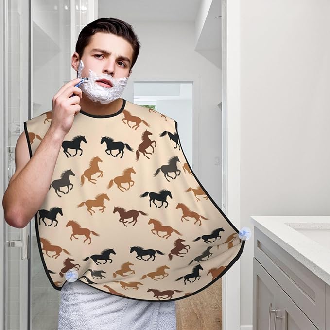 Non-Stick Beard Shaving Bib, Hair Catcher Apron with Suction Cups, Waterproof Grooming Tool for Men Husband, Wild Horse Racing Shave Bib