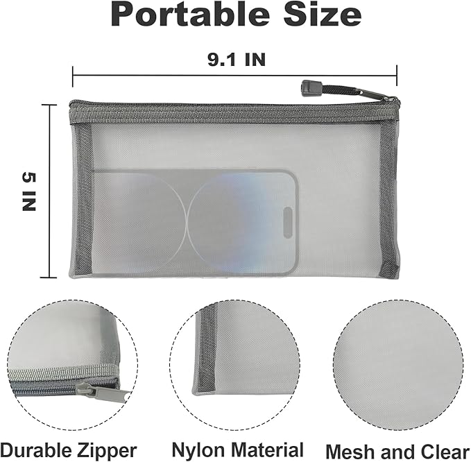 CarryEpic Mesh Bags with Zipper (6 Packs), Small Nylon Makeup Bag Cosmetic Pouches Travel Organizer Case for Purse Diaper Bag Home Organizing Gray