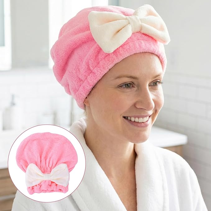 YALOJE 2 Pcs Hair Towel Wrap for Women, Microfiber Quick-Drying Hair Towel, Super Absorbent Soft Towel Wrap for Wet Hair Caps with Bow for Women Bathroom Bag- Pink, Blue