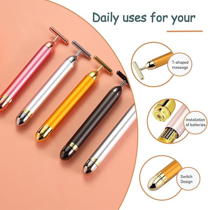 Beauty Bar 24K Gold Facial Massager - Face T Shape Tool for Skin Care Tightening with Ergonomic Design (Grey)