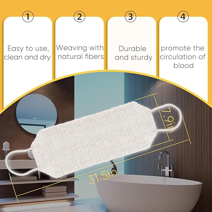 Natural Sisal & Ramie Exfoliating Back Scrubber for Shower with Handle - Deep Cleanse Back Scrubber, Scrub Spa Tool for Glowing Skin & Whole Body Care