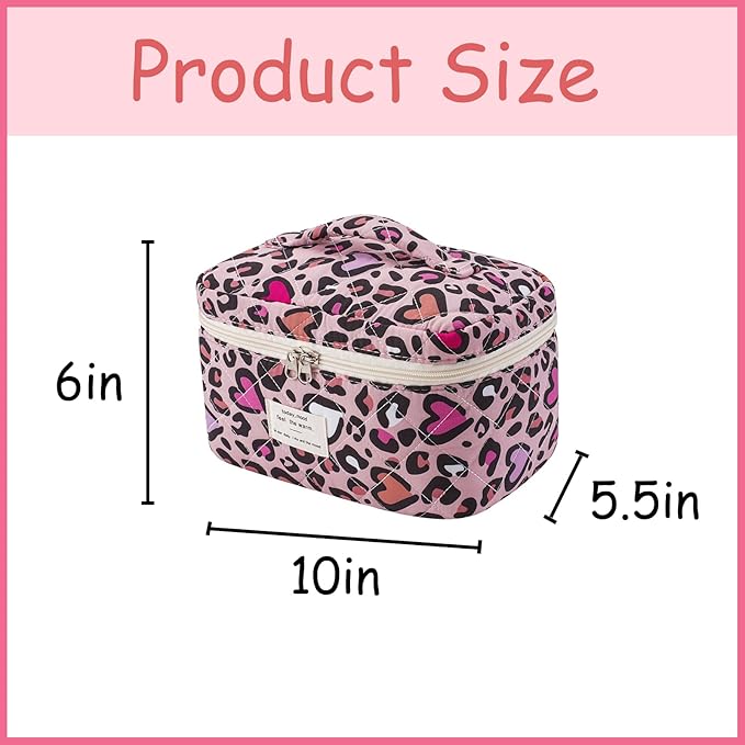 uekeboag Large Travel Quilted Makeup Bag for Women, Floral Cotton Cosmetic Bag, Coquette Aesthetic Floral Toiletry Organizer Bag(Pink Leopard