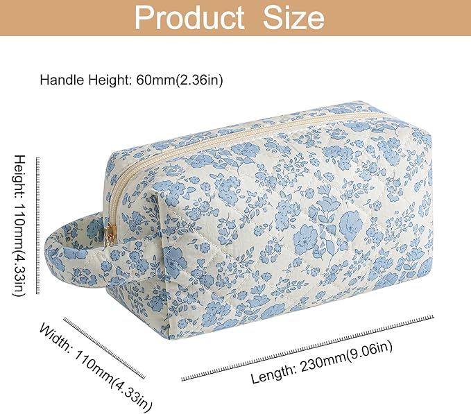HHQQWZ Makeup Bag Travel Cosmetic Bag for Women, Zipper Make Up Pouch, Floral Flowers Toiletry Organizer Makeup with Handle, Cosmetic Travel Cloth Bag (Blue Floral)