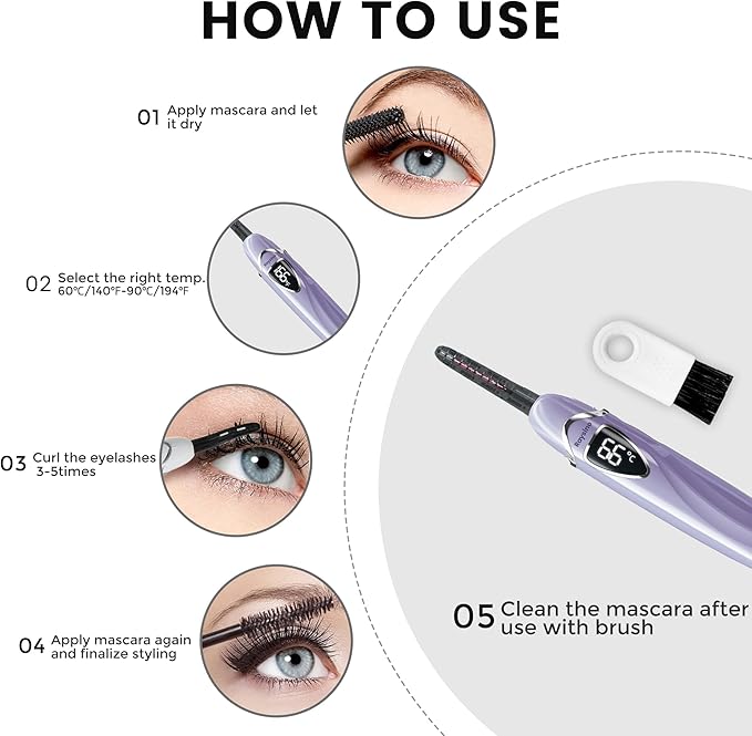 Raysino Heated Eyelash Curler, S600 Rechargeable Heated Lash Curler, Eyelash Curler Heated in 8s for Women 24 Hs Lasting Natural Makeup (Lilac/Silver, 148MM)