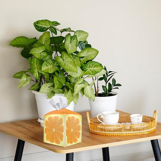 Cute Fruit Tissue Box Cover Funny Orange Citrus Square PU Leather Waterproof Tissue Box Holder for Bathroom Kitchen Bedroom Vanity Countertop Night Stands