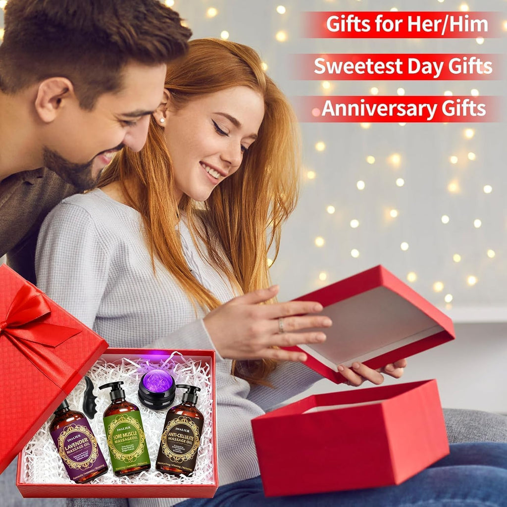 Massage Oil for Massage Therapy,3 Pack Cellulite Massage Oil,Sore Muscle Arnica Oil & Lavender Massage Body Oil with Massage Ball & Thumb Saver Tool,Mens Gifts,Birthday Gifts for Women and Men