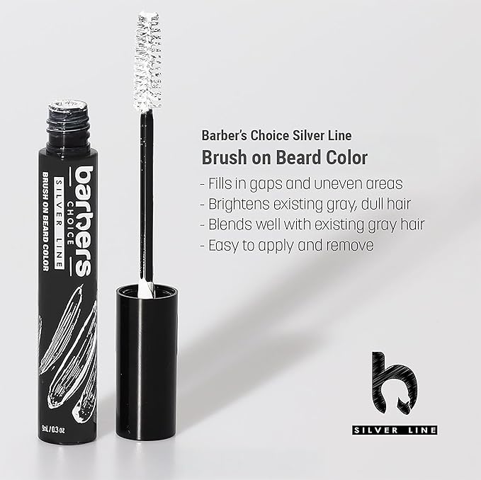 Barbers Choice Silver Line, Facial Hair Brush on Temporary Color for Silver Fox Men- Instantly Brighten White Beards, Mustache & Sideburns, Less Yellow, Easy Application, Steel Gray