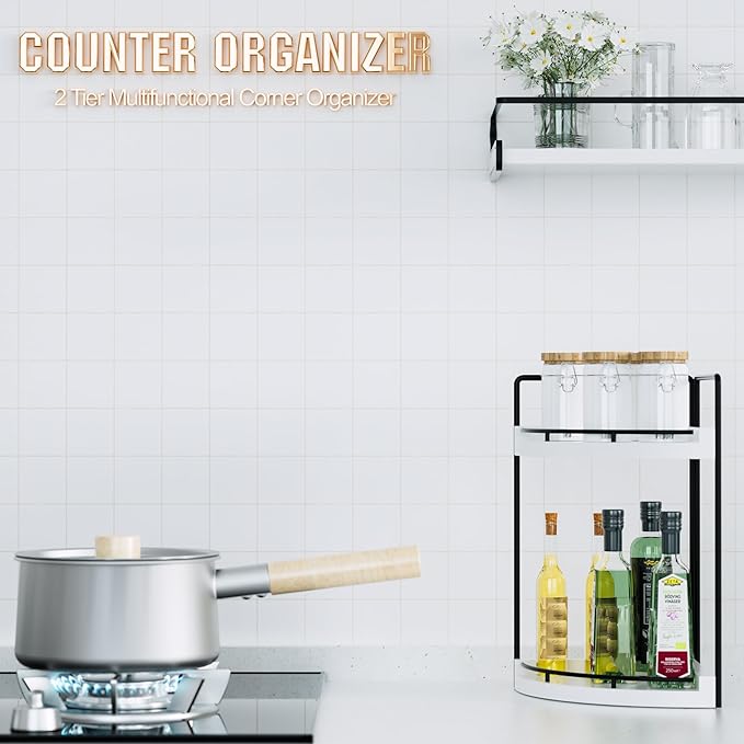 CeleVista Corner Bathroom Counter Organizer, 2 Tier Wood Vanity Storage, Waterproof Skincare Shelf for Kitchen & Toiletries Decor, Dresser (White-2 Tier)
