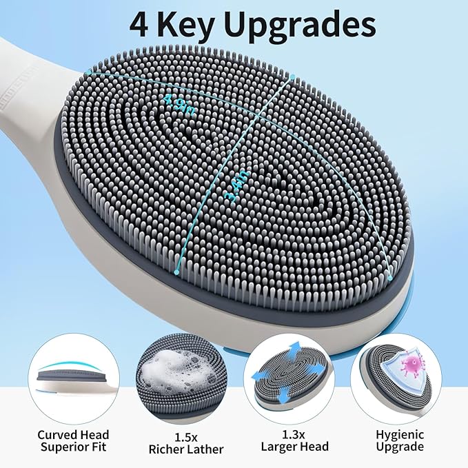 BUBBLEDANCE® Silicone Back Scrubber with Extendable Long Handle (17.5"-31.9"), Firm Bristles for Deep Exfoliation, Anti-Slip Shower Brush for Bath & Dry Brushing (White)