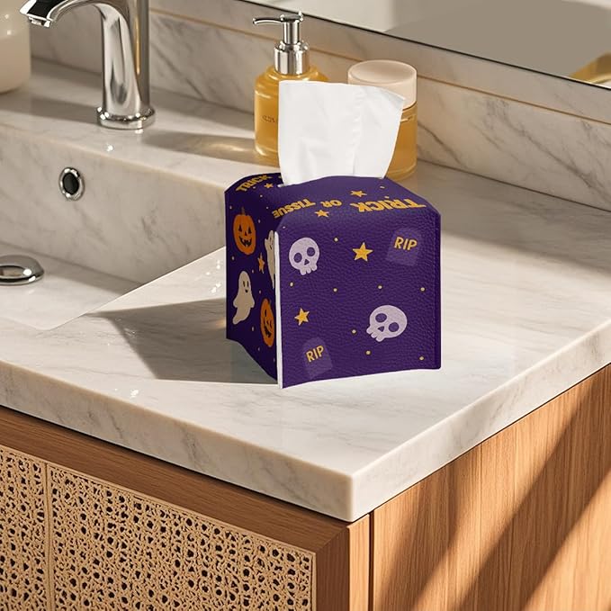 Halloween Tissue Box Cover Funny Cartoon Cute Pumpkin Bat Square PU Leather Waterproof Tissue Box Holder for Bathroom Kitchen Bedroom Vanity Countertop Night Stands