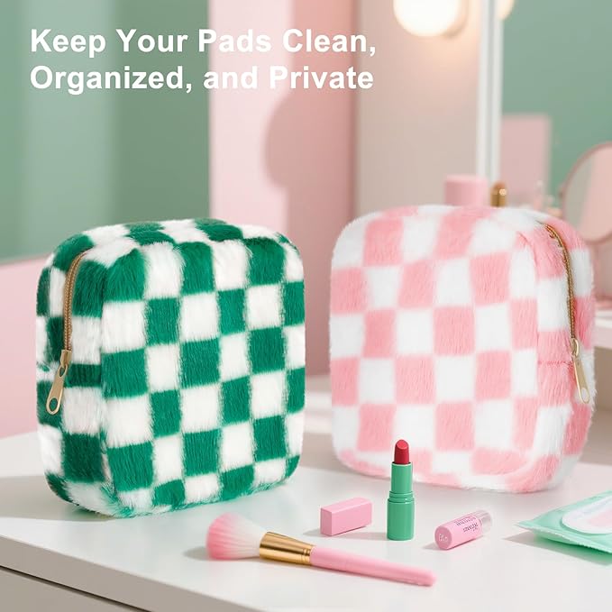 CekPo Sanitary Napkin Storage Bag, Zipper Period Bag, Checkered Portable Menstrual Pad Bag Panty Liners, Tampon Storage Pouch for Women Ladies Daily Use Storage Purse Travel