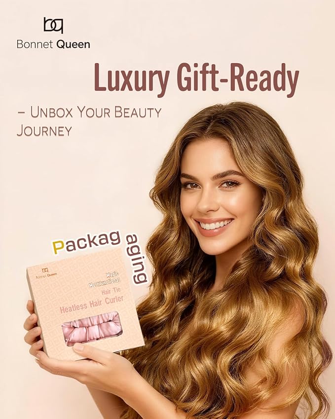 BONNET QUEEN 2 Pack Medium Satin Heatless Hair Curler for Medium to Long Thick Hair, Heatless Curls Overnight, Hair Curlers to Sleep In, Damage-Free Waves with Built-in Scrunchie, Cream Pink