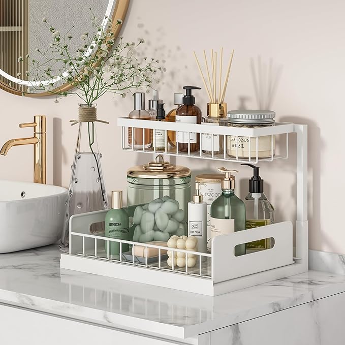 REALINN Under Sink Organizer, Pull Out Cabinet Organizer, 2 Tier Metal Slide Out Shelf with L Shaped Design for Kitchen, Bathroom, Laundry, and Utility Cabinet Storage for Deep Cabinets, White, 2 Pack