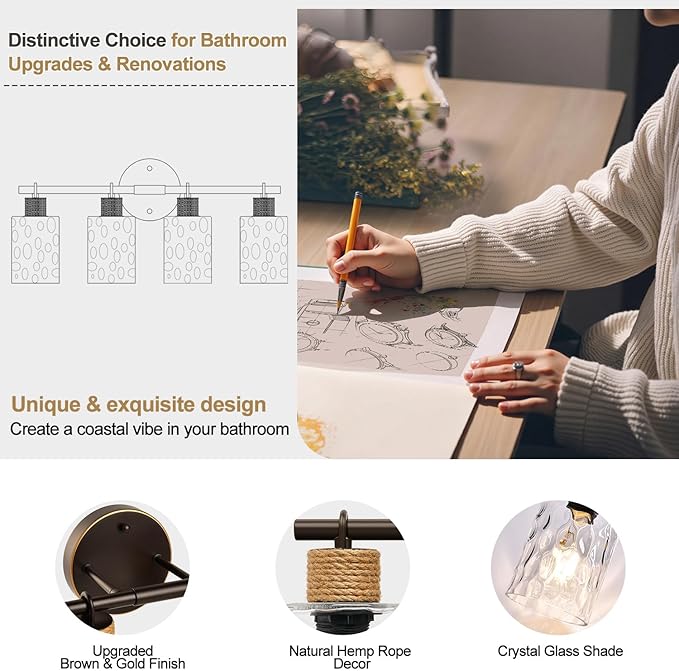 Bathroom Light Fixtures, 4-Light Coastal Vanity Lights with Crystal Glass Shade, Oil-Rubbed Bronze Bathroom Wall Lamp for Mirror Kitchen Hallway Cabinet