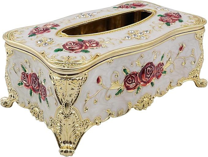 9.45"x5.43"x3.94" Luxurious Rose Tissue Box with Imitation Diamonds, Embossed Flowers, Elegant Tissue Paper Holders for Home Toilet Bath Hotel,Gold-White-red