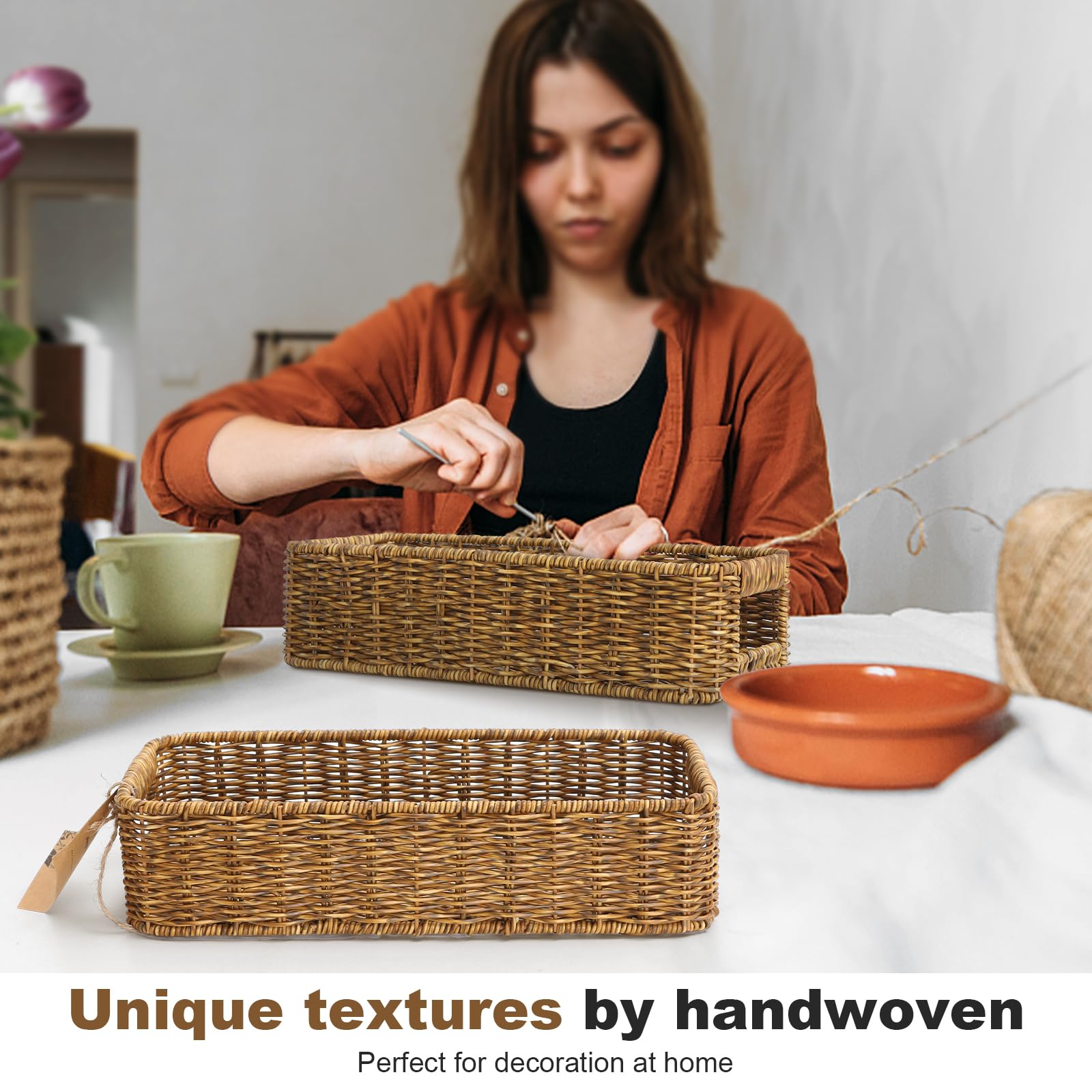 Small Wicker Basket for Toilet: Waterproof Storage Basket Organizing Over Tank Topper Tan 2pack