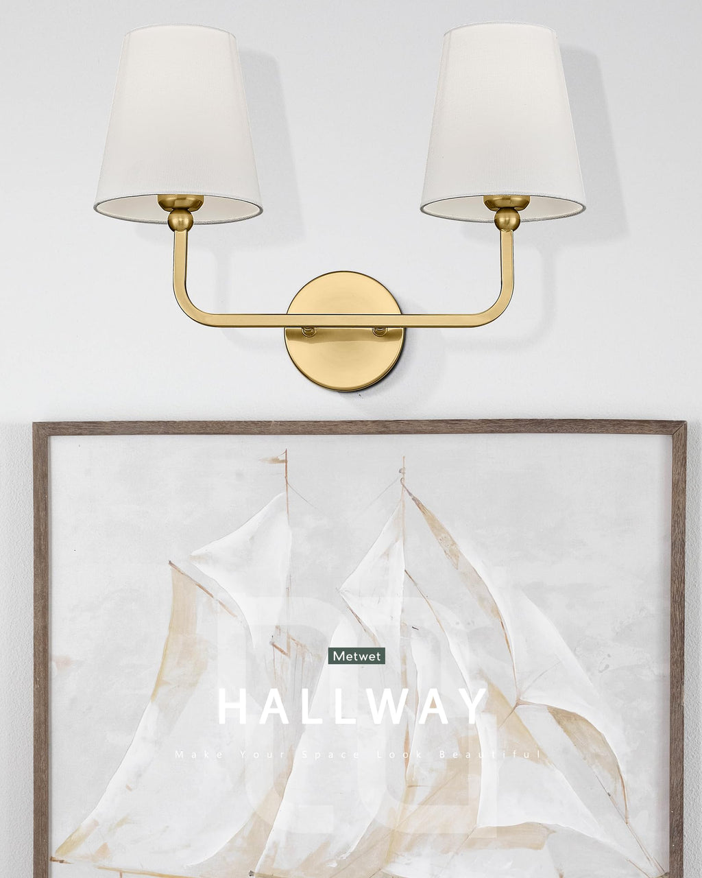 METWET 2 Light Bathroom Vanity Light, Brushed Gold Double Wall Sconce with Flared White Fabric Shade, Modern Sconces Wall Lighting for Hallway Bedroom Stairway, VL837-BG