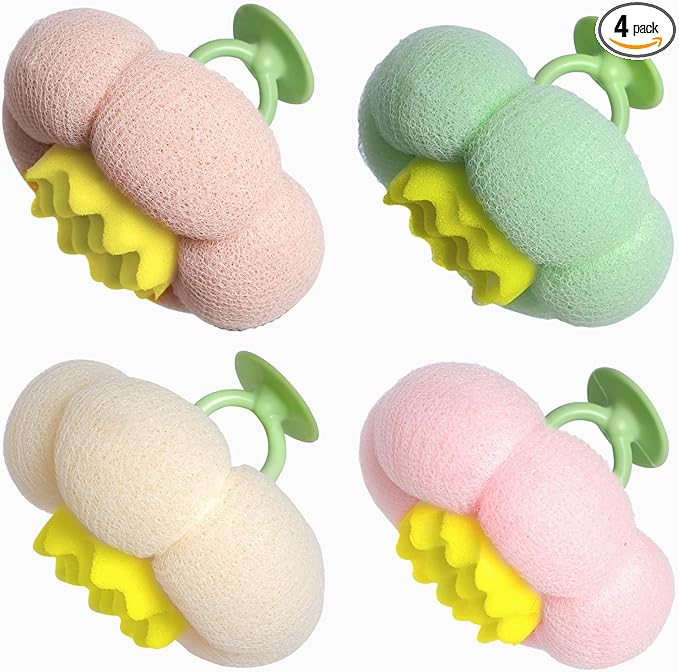 2026 Upgrade 4 Pcs Super Soft Flower-Shaped Suction Cup Bath Sponge, Upgraded 2-in-1 Flower-Shaped Ball Exfoliating Bath loofah Cleaning Brush, Mesh Shower Body Sponge for Shower