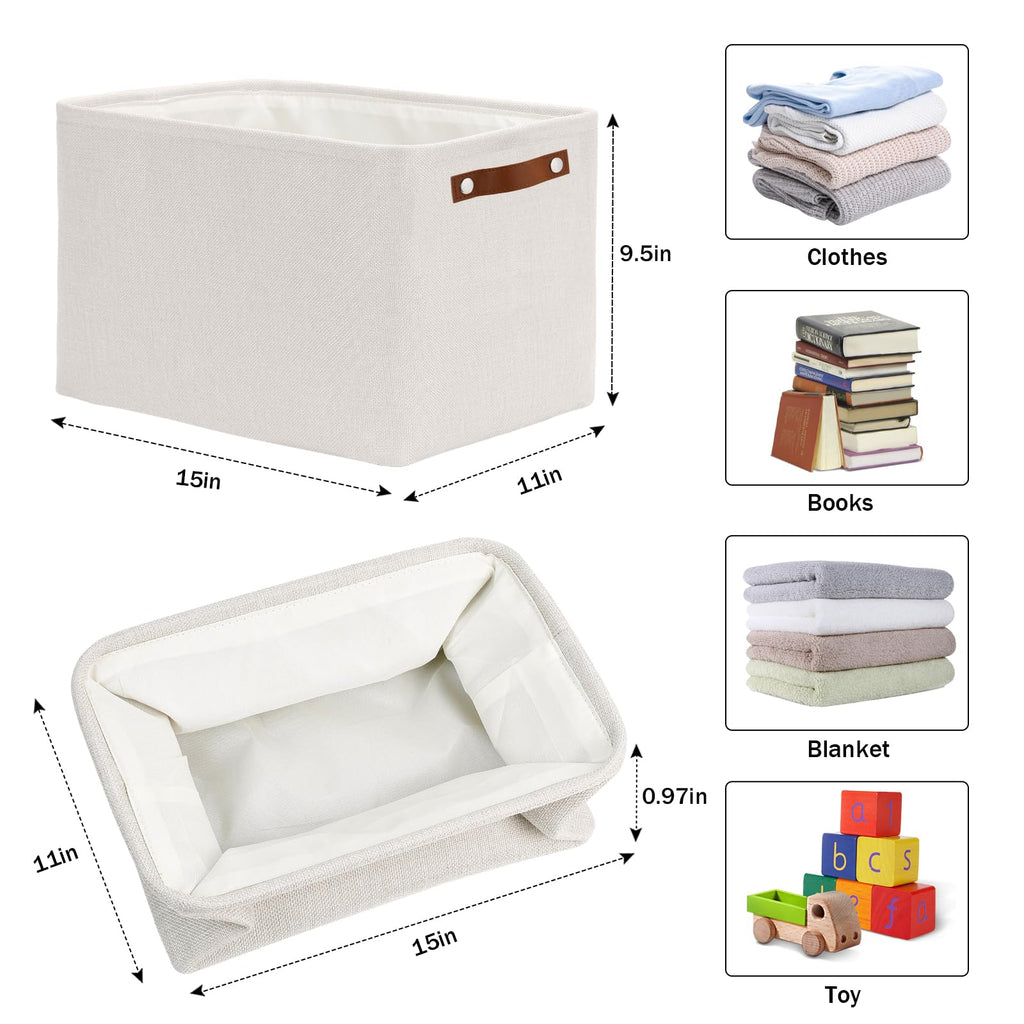 HNZIGE Large Fabric Storage Basket Organizers (3 PCS), Foldable Decorative Shelf Baskets with Leather Handles (Cream, 15" x 11" x 9.5")