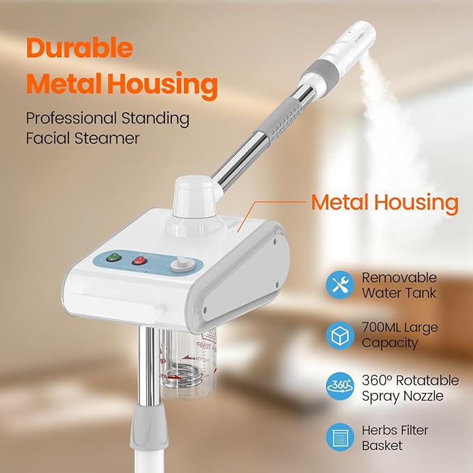 Kingsteam Professional Nano Ionic Facial Steamer with Ozone – 700ml Large Capacity Stand Facial Steamer for Deep Pore Cleansing, Hydration and 60 Min Timer for Salon, and Home Skin Care Use