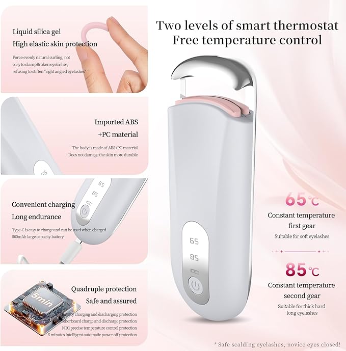 Hsenowi Heated Eyelash Curler for Natural Lashes 2 Level Adjustable Temperature Mini Electric Lash Curler Fast 3 Second Heat Up 24 Hours Long Lasting Curl (WhiteBlue)