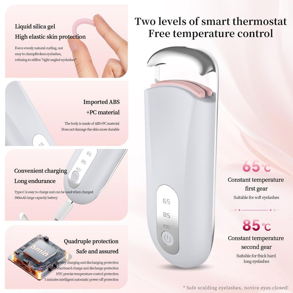 Hsenowi Heated Eyelash Curler for Natural Lashes 2 Level Adjustable Temperature Mini Electric Lash Curler Fast 3 Second Heat Up 24 Hours Long Lasting Curl (Pink Purple)