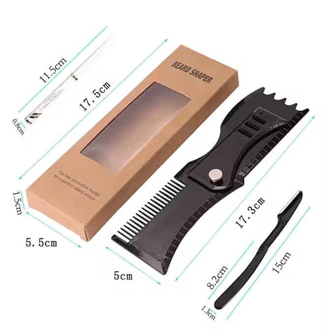 Sasha Square Adjustable Beard Shaper Template For Men- Kit With Flexible Beard Stencils, Barber Pencil & 3 Pcs Foldable Facial Razors, Style Beard As Per Your Face Shape (Beard Shaper - Transparent)