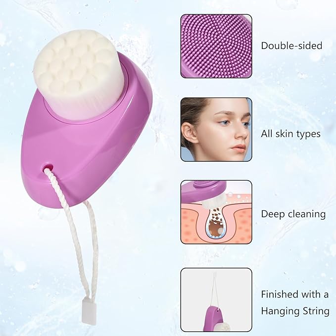 Silicone Face Scrubber Double Side, Handheld Facial Cleansing Brush 2 in 1 Face Cleanser Brush for Deep Cleansing and Exfoliating, Blackhead Makeup Removal 2 Pcs, Purple