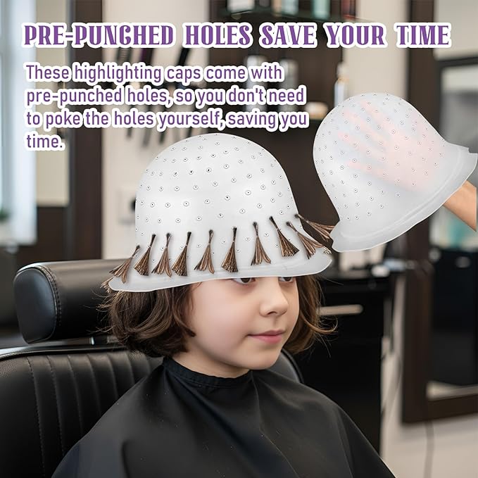 6 Set Silicone Highlight Cap for Highlighting Hair - Pre-Punched Holes Reusable Cap with Needle, Professional Hairdressing Dyeing Tools for Salon Home Women Men