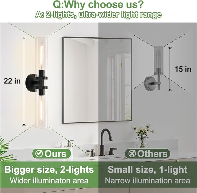 Matte Black Wall Sconces, Bathroom Sconces Wall Lighting with Clear Glass, Modern Sconces Wall Light fixtures for Bathroom Mirror Living Room Hallway Bedroom