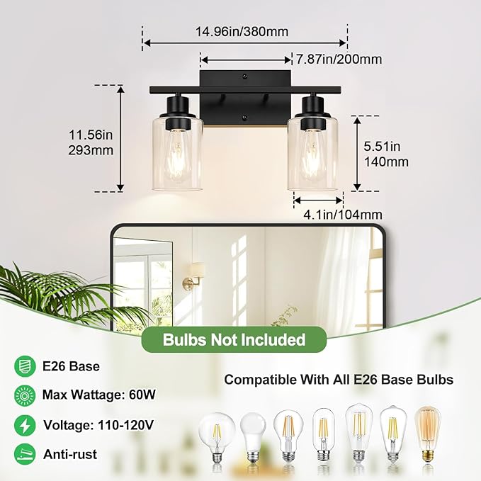 Matte Black 2-Light Bathroom Vanity Light with Clear Glass Shades — Modern Bathroom Light Fixtures & Vanity Lights for Mirror